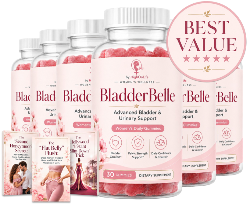 Six bottles of BladderBelle with three free bonus e-books and Best Value seal