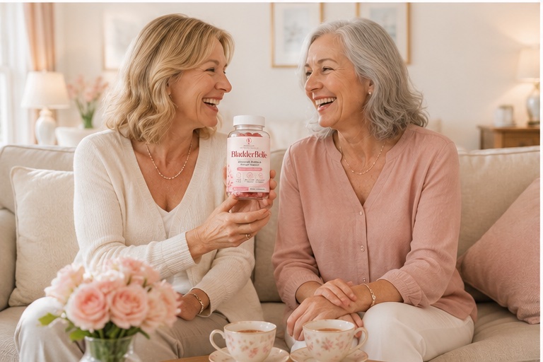 Two friends enjoying tea together with BladderBelle