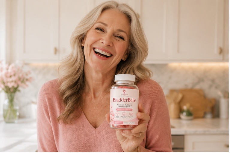 Woman laughing in her kitchen holding BladderBelle